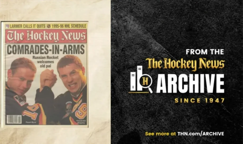 A magazine cover from "The Hockey News" showing Pavel Bure and Alexander Mogilny of the Vancouver Canucks playfully arm wrestling, with promotional text for "The Hockey News Archive" dating back to 1947.