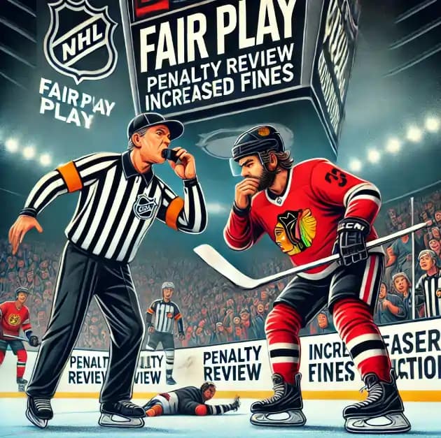 Illustration of an NHL referee and a player discussing a call, with a penalty review announcement in the background.
